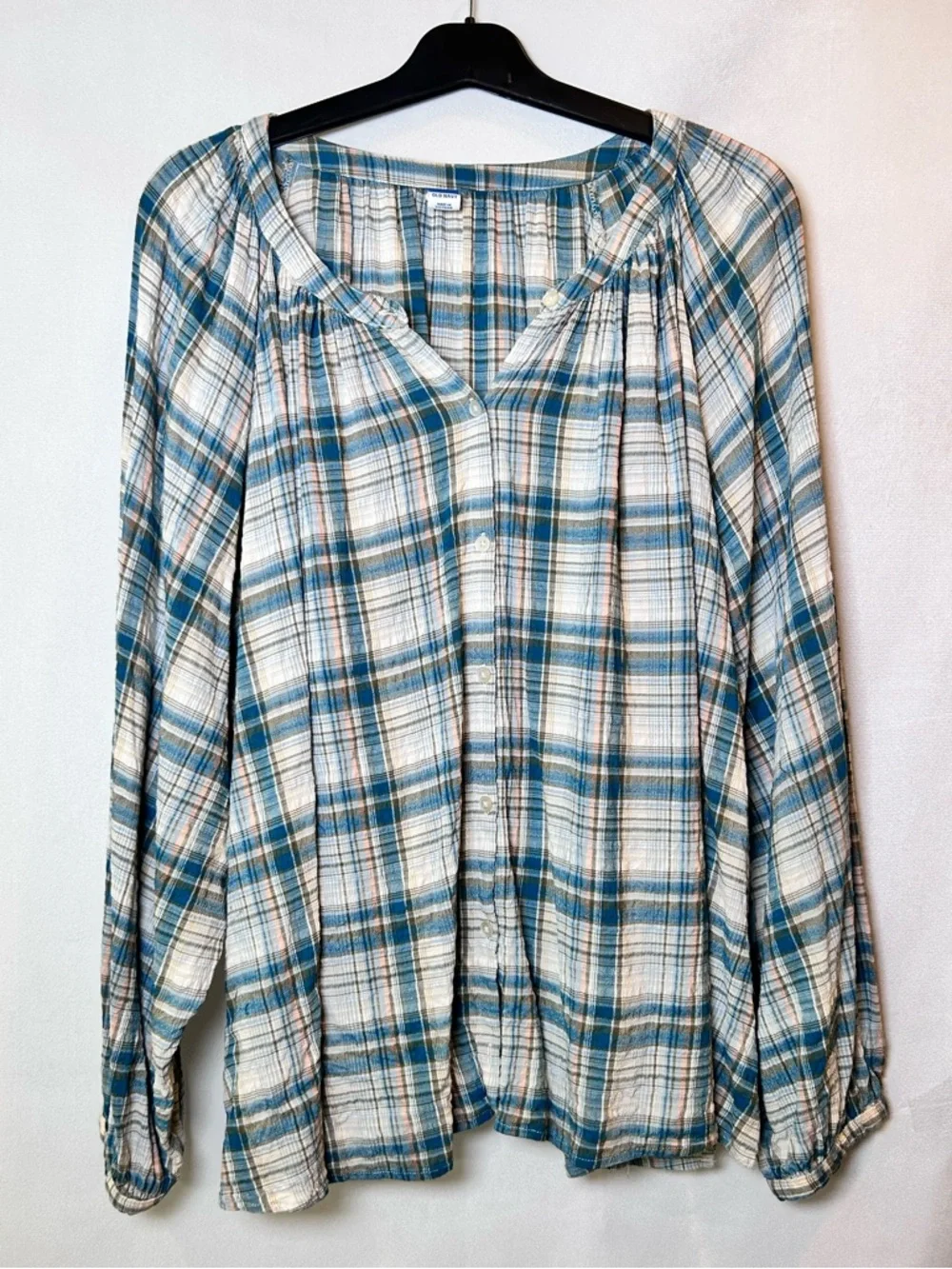 Old Navy Blue Plaid Peasant Boho Button Down Blouse Top Long Sleeve XXL - Picture 1 of 10